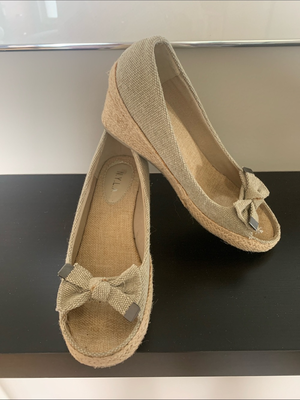 N.Y.L.A. Beige Canvas Espadrille Wedge Flats with Bow